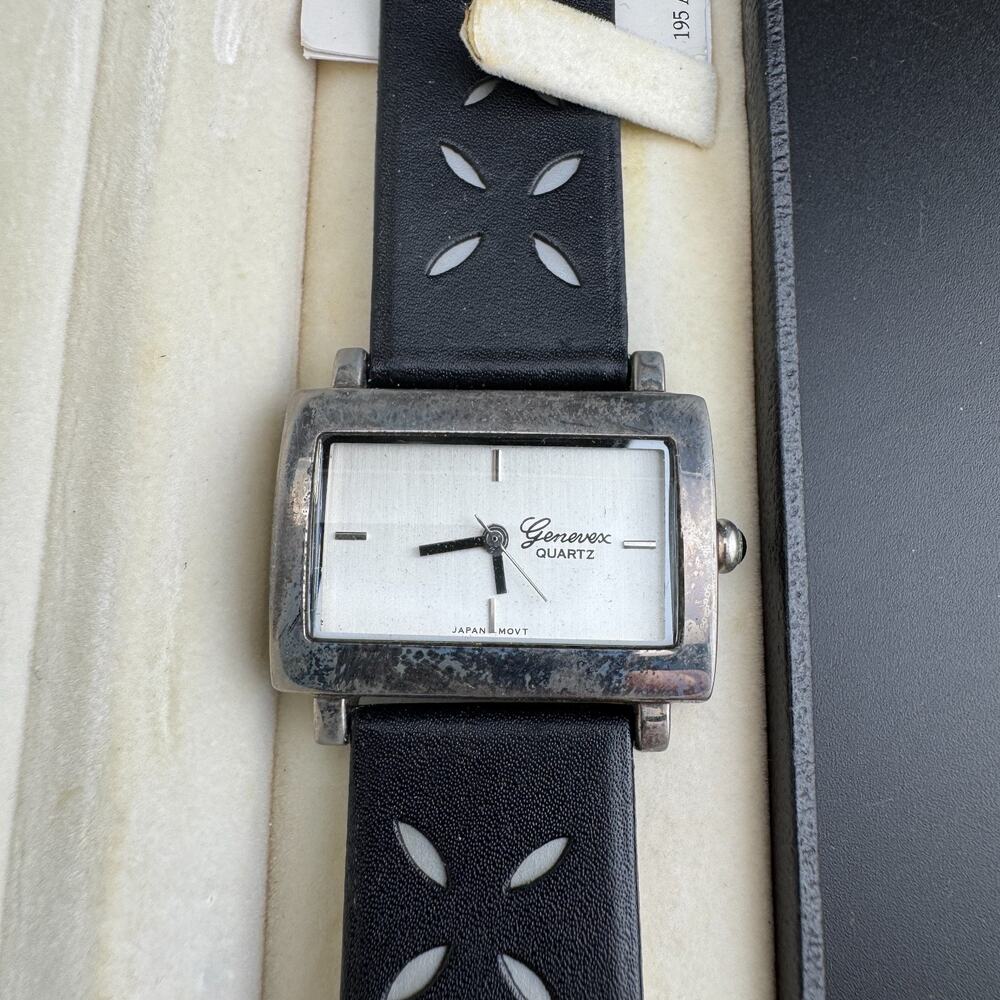 Genevex Quartz Watch, Black Cutout Strap, Silver Dial, Box